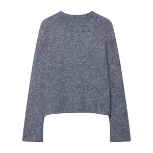 Back view of grey V-neck soft knit sweater featuring textured fiber and high-quality finish