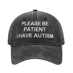 Classic black washed cotton baseball cap with white Please Be Patient embroidery