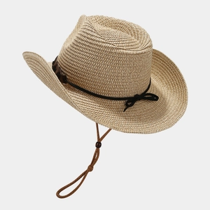 Western straw cowboy hat with star decor and adjustable chin strap for outdoor sun protection