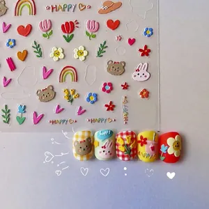 3D Relief Nail Art Stickers Cute Cartoon Bear Rabbit Tulip Rainbow Doodle Design Hand Painted Manicure Decoration DIY