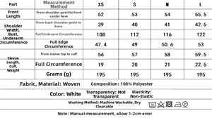 Size chart for embroidered long sleeve shirt showing detailed measurements for XS to L