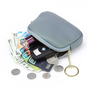 Blue-grey pebble grain leather coin purse and key holder with large capacity interior