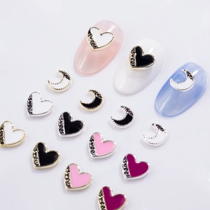 Assorted heart and moon metal nail charms with enamel finish for professional nail art designs