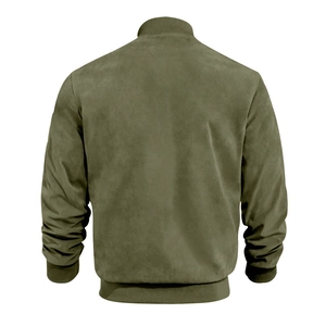 Back view of a classic moss green suede bomber jacket showing ribbed collar and hem