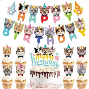 Cat Theme Birthday Party Decorations Happy Birthday Banner Paper Cake Topper Spiral Honeycomb Ornament Kitten Supplies