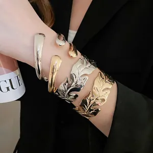 Fashion Metal Cuff Bracelet Gold Silver Plated Leaf Texture Minimalist Teardrop Design Adjustable Open Bangle Jewelry