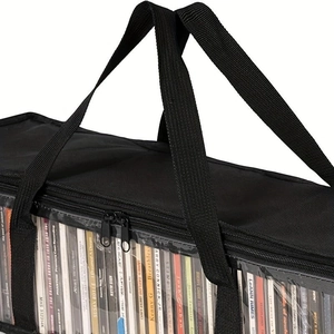 Black nylon CD storage bag with clear PVC window and handles for organized media storage