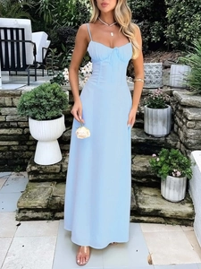 Elegant light blue A-line maxi dress with spaghetti straps and ruched bust design