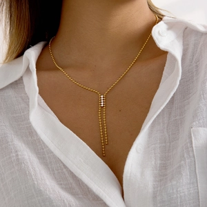Collier en Y plaqué or 18 carats avec pendentifs en zircone cubique sur chaîne à billes