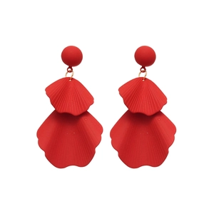 Elegant red double-layered petal dangle earrings with matte texture and silver needle
