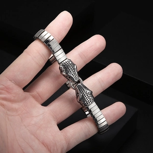 Vintage stainless steel stretch bracelet with dual snake heads and scales texture