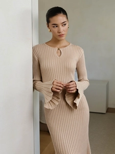 Beige ribbed knit dress with flare sleeves and hollow-out neckline for women