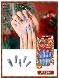 Matte blue Christmas press-on nails with gingerbread man patterns in holiday gift box