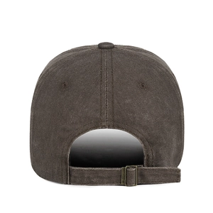 Rear view of washed distressed baseball cap with adjustable antique metal buckle