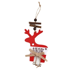 Christmas reindeer wooden hanging decoration with red bells and white SNOW text