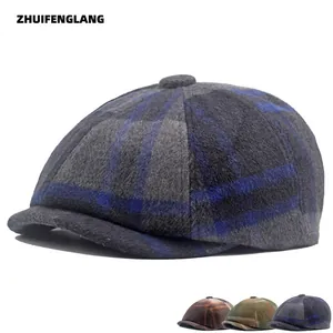 Vintage wool blend plaid newsboy cap for men and women featuring classic 8-panel pattern
