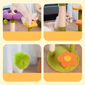 Floral multi-level cat tree with sisal scratching posts and hanging play balls