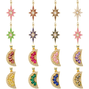 Star and moon gold pendants with colorful enamel and zircon inlay for DIY jewelry