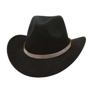 Close-up of black felt cowboy hat featuring a wide band of sparkling silver rhinestones