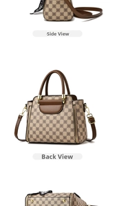 Detail view showing beige checkered patterns and gold hardware on large tote bag