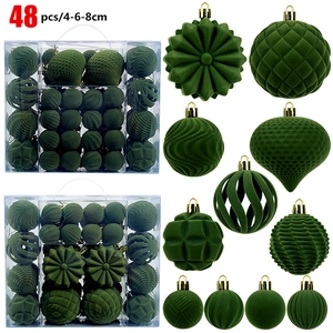 48pcs set of dark green flocked and matte Christmas balls in sizes 4cm, 6cm, and 8cm