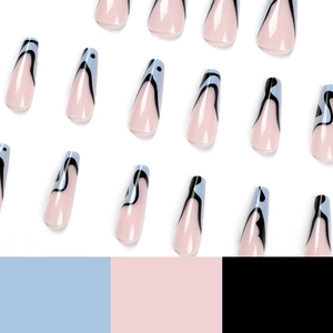 Long coffin press-on nails featuring French blue tips and black abstract wavy lines