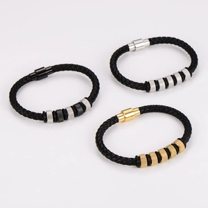Braided black leather bracelets with gold, silver and gun black metal magnetic clasps