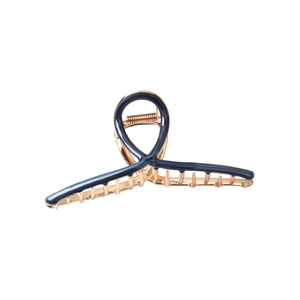 Large dark blue enamel metal shark hair claw clip with golden finish for hair styling