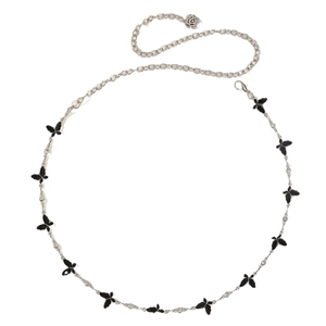 Silver metal waist chain featuring black butterfly charms and a rose pendant with lobster clasp