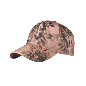 Pink baseball cap featuring green and red plant leaf prints with a classic curved brim
