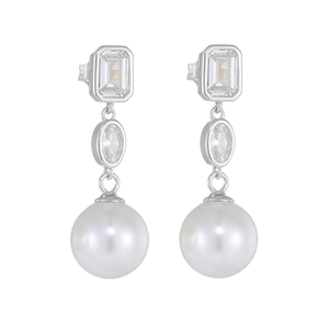 Detail view of silver dangle earrings with rectangular cubic zirconia and white shell pearl