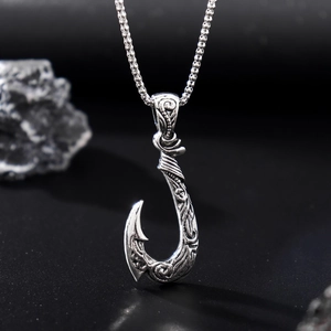Fish Hook Pendant Necklace Zinc Alloy Vintage Carved Totem Pattern Silver Tone Jewelry For Men