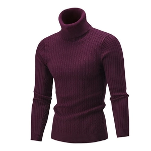 Maglione da uomo attillato a dolcevita con classici motivi a treccia in viola scuro