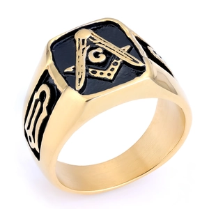 Detailed macro view of the gold-plated square Mason signet ring with black enamel inlay