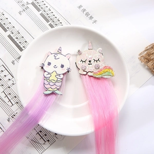Glittering unicorn and cat hair clips with long colorful gradient hair extensions for girls