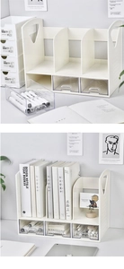 Detail view of white desktop bookshelf with three dividers and semi-clear drawers