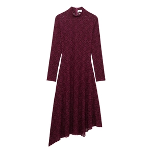 Women Wine Red Lace Long Sleeve Dress With Stand Collar And Irregular Hem Sexy Elegant Party Style