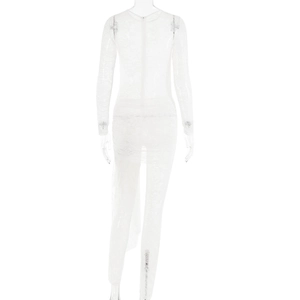 Detailed back view of white lace romper featuring sheer fabric and a hidden rear zipper
