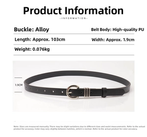 Detailed size specifications for a minimalist women black PU leather belt with alloy buckle
