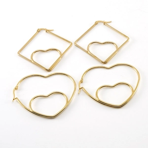 18K gold plated stainless steel geometric and heart-shaped earring set on white background