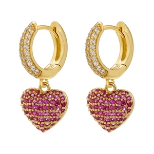Luxurious gold heart hoop earrings with micro-paved pink and white cubic zirconia
