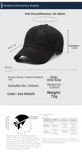 Size chart for camo baseball cap showing 56-60cm circumference and cotton fabric details