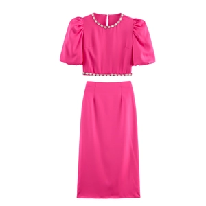 Elegantes Magenta Satin Crop Top Und High Waist Maxirock Mit Strassbesatz Puffärmel Sexy Party Mode Für Frauen