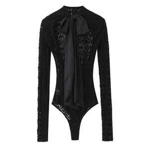 Elegant black lace long sleeve bodysuit with oversized satin back bow accent