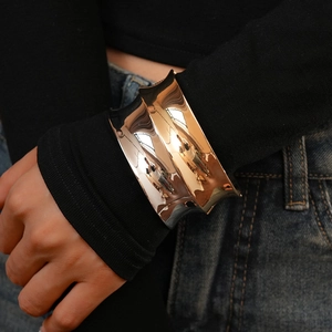 Minimalist geometric wide cuff bracelet in polished silver and rose gold bicolor finish