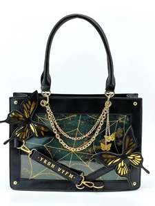 Dark gothic butterfly tote bag with transparent window and gold metal chain hardware