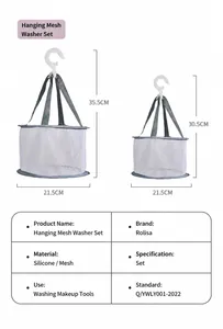 Dual-size mesh hanging nets for drying makeup brushes with dimensions and white hooks