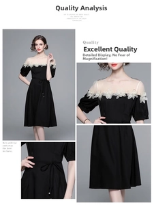 Détails de broderie florale et décolleté en mesh transparent sur une robe d'été noire