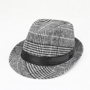 Close-up of retro plaid fedora hat with a black satin band and fine fabric texture