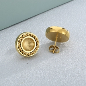 Square gold stainless steel stud earrings with rope texture border and butterfly backs